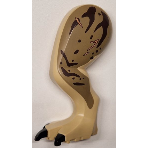 Деталь LEGO 98061c01pb14 Dinosaur Leg Large (Rear) Tyrannosaurus rex Left with Black Pin with Black Claws, Dark Brown Stripes and Nougat Scars on Dark Tan Pattern