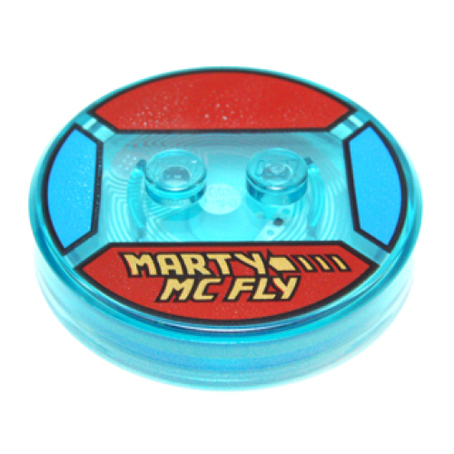 Деталь LEGO 18605c01pb06 Dimensions Toy Tag 4 x 4 x 2/3 with 2 Studs and Trans-Light Blue Bottom with Gold 'MARTY MC FLY' and Broken Arrow on Red Background Pattern (Marty McFly)