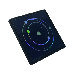Road Sign 2 x 2 Square with Open O Clip with Screen with Iridescent Mirrored Solar System on Dark Blue Background Pattern (Sticker) - Set 41713