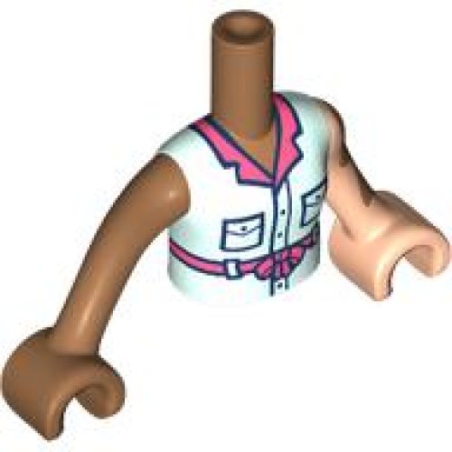 Деталь LEGO FTGpb463c01 Torso Mini Doll Girl Light Aqua Jumpsuit with Coral Collar and Belt with Bow, Light Nougat Arm with Hand with Vitiligo Left, Medium Nougat Arm with Hand Right