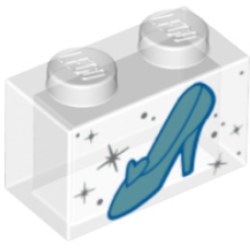 Brick 1 x 2 without Bottom Tube with Metallic Light Blue Shoe with Heel and Heart, Silver Sparkles and Dots Pattern (Cinderella Glass Slipper)
