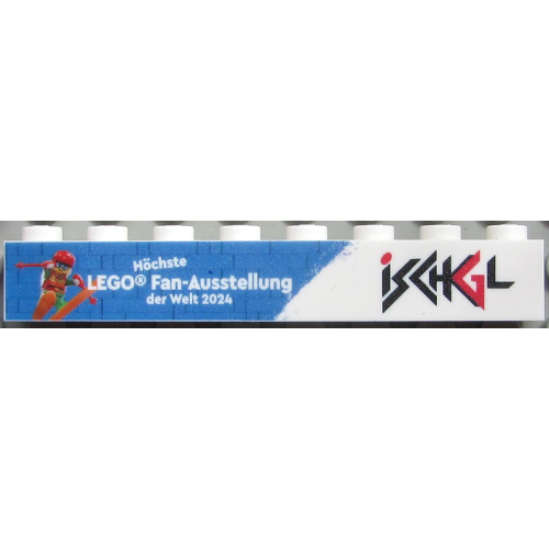 Деталь LEGO 3008pb193 Brick 1 x 8 with Ischgl Logo and 'Höchste LEGO Fan-Ausstellung der Welt 2024' Pattern