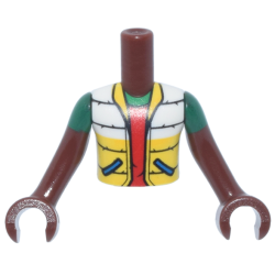 Torso Mini Doll Boy White Jacket with Blue Pockets, Yellow Bottom and Collar over Red Shirt, 'POW! in Star on Back Pattern, Reddish Brown Arms with Hands with Green Short Sleeves