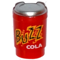 Minifigure, Utensil Cup, Take Out Cup without Top Hole with Metallic Silver Lid and 'BUZZ COLA' Pattern