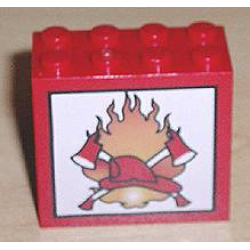 Brick 2 x 4 x 3 with Fire, Crossed Axes, and Helmet on White Background Pattern