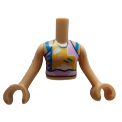 Torso Mini Doll Girl Bright Light Orange Top with Blue, Bright Pink and White Symbols and Blue Straps Pattern, Medium Tan Arms with Hands