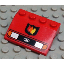 Vehicle, Mudguard 3 x 4 Slope with Silver Car Headlights, Orange Signal Lights, Black Grille with White Triangle in Oval Logo, Fire Logo Badge Pattern