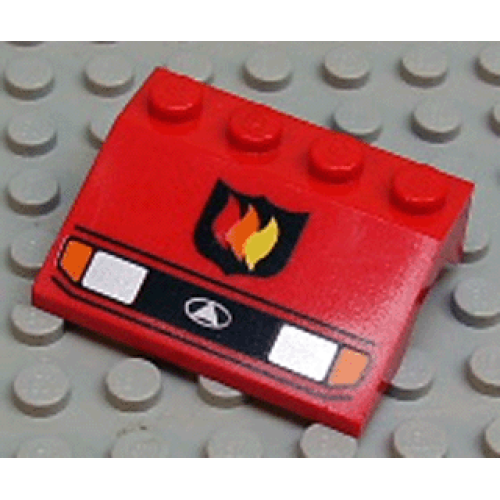 Деталь LEGO 2513pb03 Vehicle, Mudguard 3 x 4 Slope with Silver Car Headlights, Orange Signal Lights, Black Grille with White Triangle in Oval Logo, Fire Logo Badge Pattern