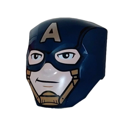 Деталь LEGO 3524pb02 Large Figure Face with Brow and Nose Detail, 2 x 2 Round Brick Attachment with Mask with Silver Capital Letter A and Gold Chin Strap over Light Nougat Face Pattern (Captain America)