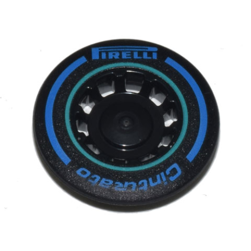 Деталь LEGO 49098pb02 Wheel Cover 10 Spoke Recessed with Blue 'PIRELLI' and 'Cinturato' Logo, Dark Turquoise Circle Pattern