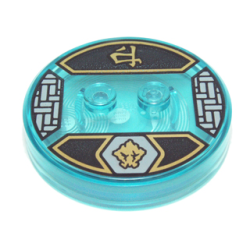 Dimensions Toy Tag 4 x 4 x 2/3 with 2 Studs and Trans-Light Blue Bottom with Gold Earth Gorilla Head Symbol in Light Bluish Gray Hexagon and Ninjago Logogram 'Earth' on Black Background Pattern (Cole)