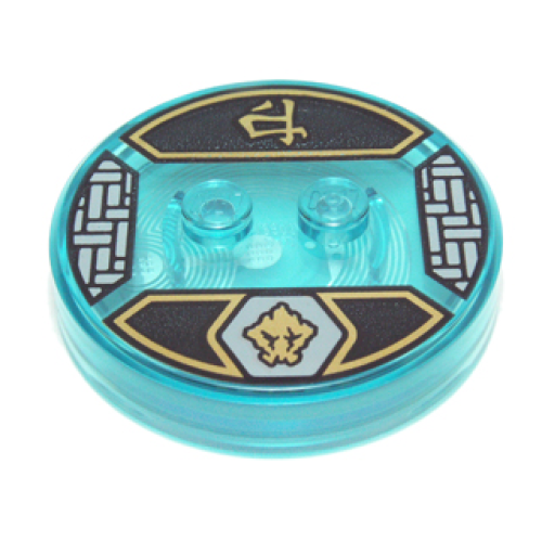 Деталь LEGO 18605c01pb12 Dimensions Toy Tag 4 x 4 x 2/3 with 2 Studs and Trans-Light Blue Bottom with Gold Earth Gorilla Head Symbol in Light Bluish Gray Hexagon and Ninjago Logogram 'Earth' on Black Background Pattern (Cole)