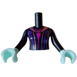 Torso Mini Doll Woman Dress with Dark Purple Vines and Metallic Pink Stripes and Collar over Magenta Top Pattern, Light Aqua Arms with Hands with Black Long Sleeves