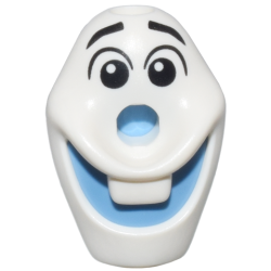 Minifigure, Head, Modified Olaf with Hole on Top with Molded Medium Blue Mouth and Nose and Printed Black Raised Eyebrows and Eyes with Glints to Right Pattern
