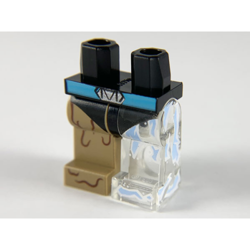 Деталь LEGO 970d48pb01 Hips and 1 Trans-Clear Left Leg with Bright Light Blue Ice, 1 Dark Tan Right Leg with Reddish Brown Mud Lines, Medium Azure Belt, Black Leotard Pattern