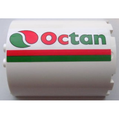 Деталь LEGO 87926pb002R Cylinder Half 3 x 6 x 6 with 1 x 2 Cutout with Red and Green Stripes and Octan Logo Pattern Model Right Side (Sticker) - Set 7939