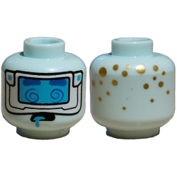 Minifigure, Head Alien Blue Thick Eyebrows and Eye Spirals, White Visor with Medium Azure Lens, Tongue, Gold Dots on Back Pattern