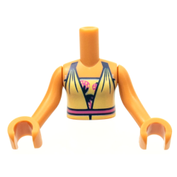 Torso Mini Doll Girl Bright Light Yellow Dress Top with Bright Pink Waist Line over Undershirt with Strawberries Pattern, Nougat Arms with Hands