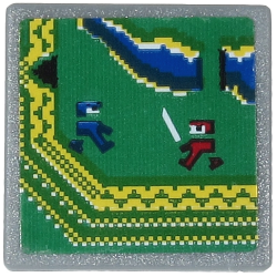Road Sign 2 x 2 Square with Open O Clip with Video Game Display with Blue and Dark Red Ninja on Green Background Pattern (Sticker) - Set 71712