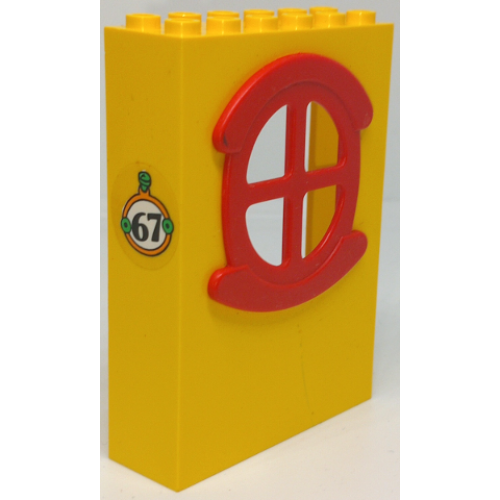 Деталь LEGO x635c01pb09 Fabuland Building Wall 2 x 6 x 7 with Round Symmetric Red Window with '67' Pattern (Sticker) - Set 3667