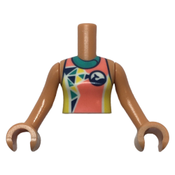 Torso Mini Doll Girl Coral, Dark Turquoise, and Yellow Wetsuit with Dolphin / Whale Logo and Triangles Pattern, Nougat Arms with Hands