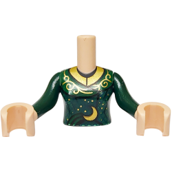 Torso Mini Doll Woman Dark Green Dress Top, Gold Collar, Sparkles, Filigree and Crescent Moon Pattern, Light Nougat Arms with Hands with Dark Green Long Sleeves