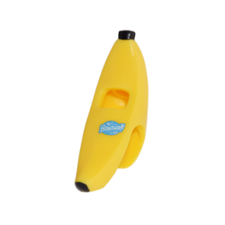 Minifigure, Headgear Head Cover, Costume Banana with Black Tips and Blue and White 'BANANA!' Label Pattern Minifigure, Headgear Head Cover, Costume Banana with Black Tips and Blue and White 'BANANA!' Label Pattern