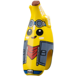 Minifigure, Head, Modified Peeled Banana with Face, Black Eyes, White Spots, Sand Blue Goggles and Jacket with Silver Zipper, Red Bandana, Reddish Brown Top and Blue Belt with 'NANA' on Buckle Pattern