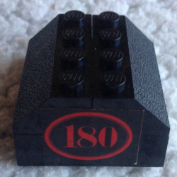 Stickered Assembly 4 x 4 x 2 with Red '180' with Oval Border on Black Background Pattern (Sticker) - Set 180 - 1 Brick 1 x 4, 2 Slope 45 2 x 4 Stickered Assembly 4 x 4 x 2 with Red '180' with Oval Border on Black Background Pattern (Sticker) - Set 180 - 1 Brick 1 x 4, 2 Slope 45 2 x 4