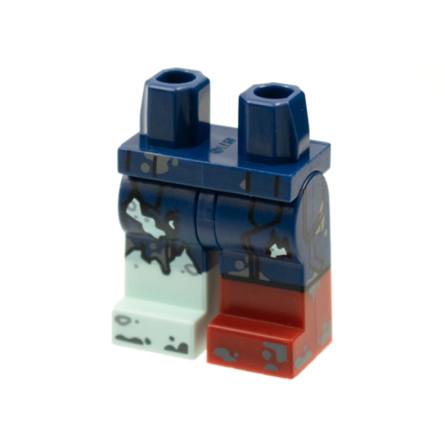 Деталь LEGO 970d50pb01 Hips and 1 Dark Blue Left Leg with Dark Red Boot, 1 Dark Blue Right Leg with Light Aqua Boot, Tattered Pants, Dark Bluish Gray Splotches Pattern