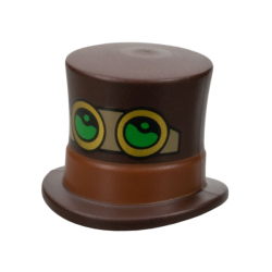 Minifigure, Headgear Hat, Top Hat Large with Molded Reddish Brown Band and Printed Black, Dark Tan and Gold Goggles with Bright Green Lenses Pattern