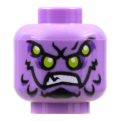 Minifigure, Head Alien with Four Lime Eyes, Dark Purple Eye Shadow, Black Chin and Markings, and Bared Teeth Pattern