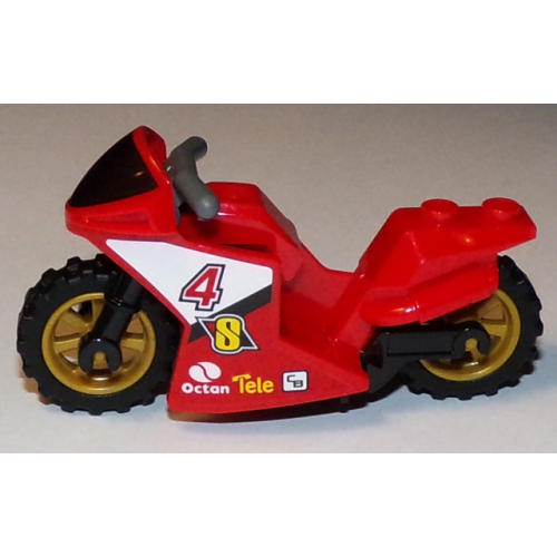 Деталь LEGO 18895c01pb02 Motorcycle Sport Bike with Black Windshield Pattern, Black Frame, Pearl Gold Wheels and Dark Bluish Gray Handlebars with Number 4 and Octan Logo Pattern on Both Sides (Stickers) - Set 60084