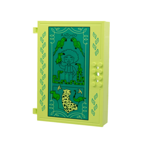 Деталь LEGO 80909pb01 Container, Book Cover Half, 16 x 12 x 2 2/3 with Lock Compartment (Storybook Adventures) with 'ANTONIO', Animals, Dark Turquoise Panel Pattern