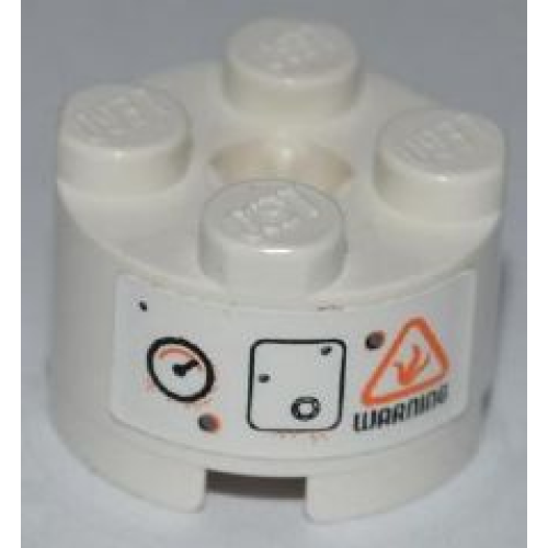 Деталь LEGO 3941pb12 Brick, Round 2 x 2 with Axle Hole with Gauge, Bolted Panel and Black 'WARNING' Pattern (Sticker) - Set 8958