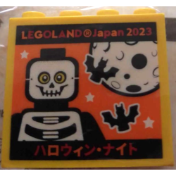 Brick 2 x 4 x 3 with LEGOLAND Japan 2023, Japanese Logogram 'ハロウィン・ナイト' (Halloween Night), Skeleton Guy Minifigure, Bats and Moon Pattern