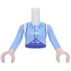 Torso Mini Doll Girl Bright Light Blue Coat with Fur, Dark Purple Trim, Blue Buttons and Bells Pattern, Light Nougat Arms with Hands with Bright Light Blue Long Sleeves