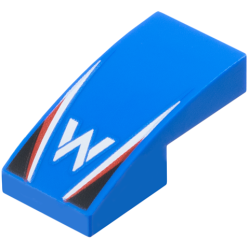 Slope, Curved 2 x 1 x 2/3 with Williams Formula 1 Logo Stylized Capital Letter W, White and Red Stripes, Black Triangles Pattern Slope, Curved 2 x 1 x 2/3 with Williams Formula 1 Logo Stylized Capital Letter W, White and Red Stripes, Black Triangles Pattern