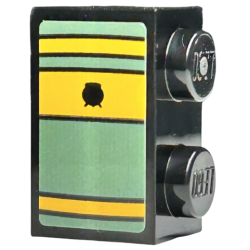 Brick 1 x 2 with Book Spine, Bright Light Orange and Sand Green Stripes, Black Lines and Cauldron Pattern (Sticker) - Set 76411