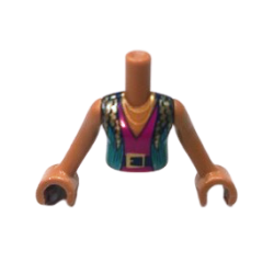 Torso Mini Doll Girl Dark Turquoise Vest over Magenta V-Neck, Black Belt, Gold Buckle and Necklace Pattern, Medium Nougat Arms with Hands
