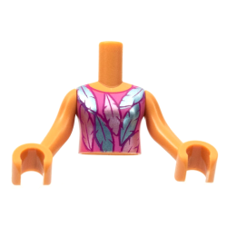 Torso Mini Doll Girl Dark Pink Top Metallic Light Blue and Metallic Pink Feathers Pattern, Nougat Arms with Hands