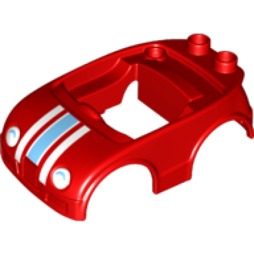 Деталь LEGO 92014pb07 Duplo Car Body with 2 Studs on Back and White Headlights with Shadow and Racing Stripes Pattern (fits over Car Base 2 x 4)