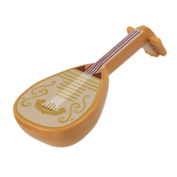 Minifigure, Utensil Musical Instrument, Lute with Dark Red Neck, White Strings, and Tan Body with Gold Filigree Trim Pattern