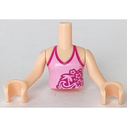 Torso Mini Doll Girl Bright Pink Halter Top with Palm Tree, Waves and Flowers Pattern, Light Nougat Arms with Hands