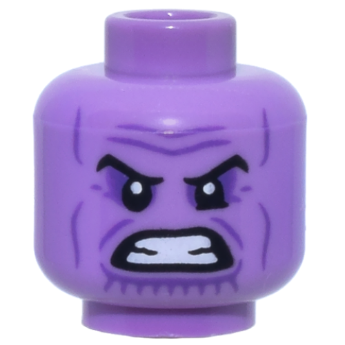 Деталь LEGO 3626pb3010 Minifigure, Head Alien Black Eyebrows, Dark Purple Eye Shadow, Wrinkles, and Chin Lines, Furrowed Brow, Bared Teeth Pattern