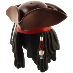 Minifigure, Hair Combo, Hair with Hat, Dreadlocks with Dark Brown Pirate Tricorne / Triangle, Dark Red Bandana and Silver Beads Pattern Minifigure, Hair Combo, Hair with Hat, Dreadlocks with Dark Brown Pirate Tricorne / Triangle, Dark Red Bandana and Silver Beads Pattern