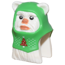Minifigure, Head, Modified SW Ewok with Molded Bright Green Hood and Printed Black Eyes, Nougat Nose and Lips, and Red Christmas Tree Pattern
