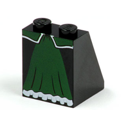 Slope 65 2 x 2 x 2 with Bottom Tube with Minifigure Dress / Skirt / Robe, Dark Green Panel with White Trim Pattern