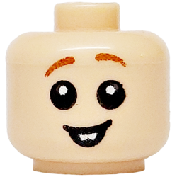 Minifigure, Baby / Toddler Head with Neck with Black Eyes, Open Mouth Smile with White Teeth and Dark Orange Eyebrows Pattern Minifigure, Baby / Toddler Head with Neck with Black Eyes, Open Mouth Smile with White Teeth and Dark Orange Eyebrows Pattern