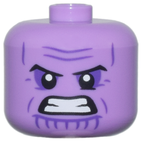 Деталь LEGO 79435pb05 Minifigure, Head, Modified Giant Black Eyebrows, Dark Purple Eye Shadow, Wrinkles, and Chin Lines, Furrowed Brow, Bared Teeth Pattern - Vented Stud